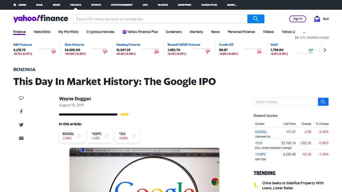 This Day In Market History: The Google IPO - Yahoo!